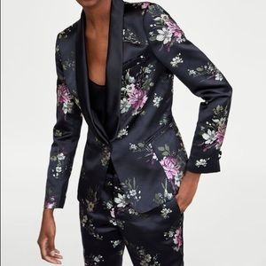 Zara Black Floral Satin Suit Jacket + Pants